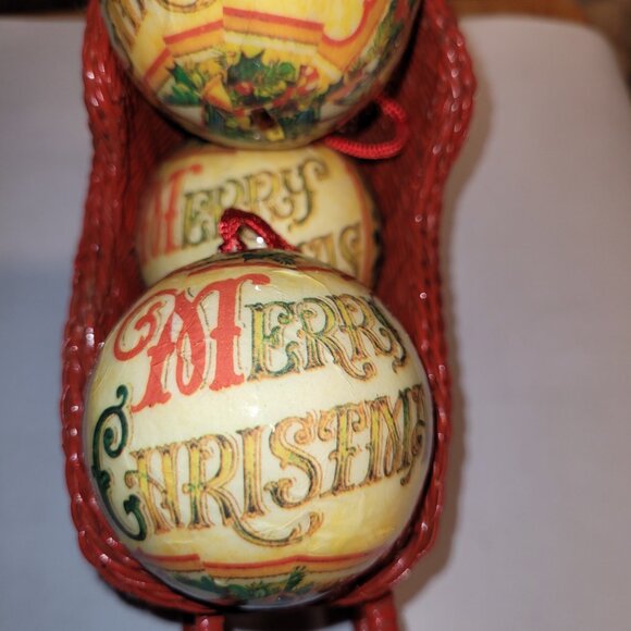 Set of 3 Decoupage Paper Mache Merry Christmas Round Bulb Ornaments *Santa Claus - Picture 2 of 2